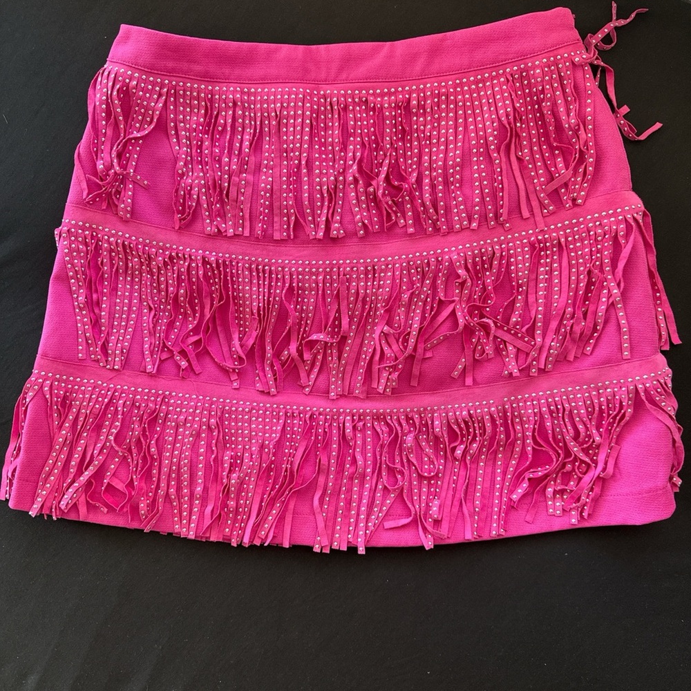 Main Strip Vibrant Pink Fringe Mini Skirt